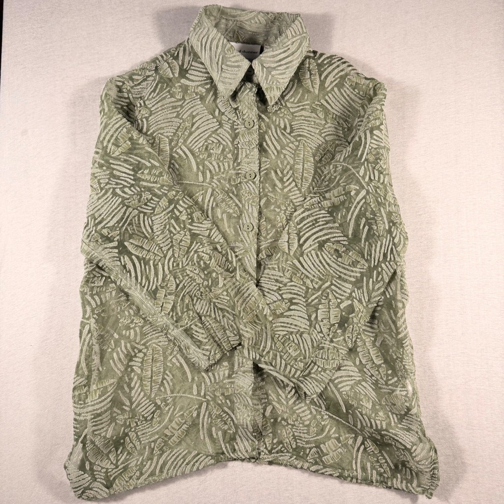 Alfred Dunner Petite Sage Green Burnout Leaf Pattern Button Down Shirt 8P